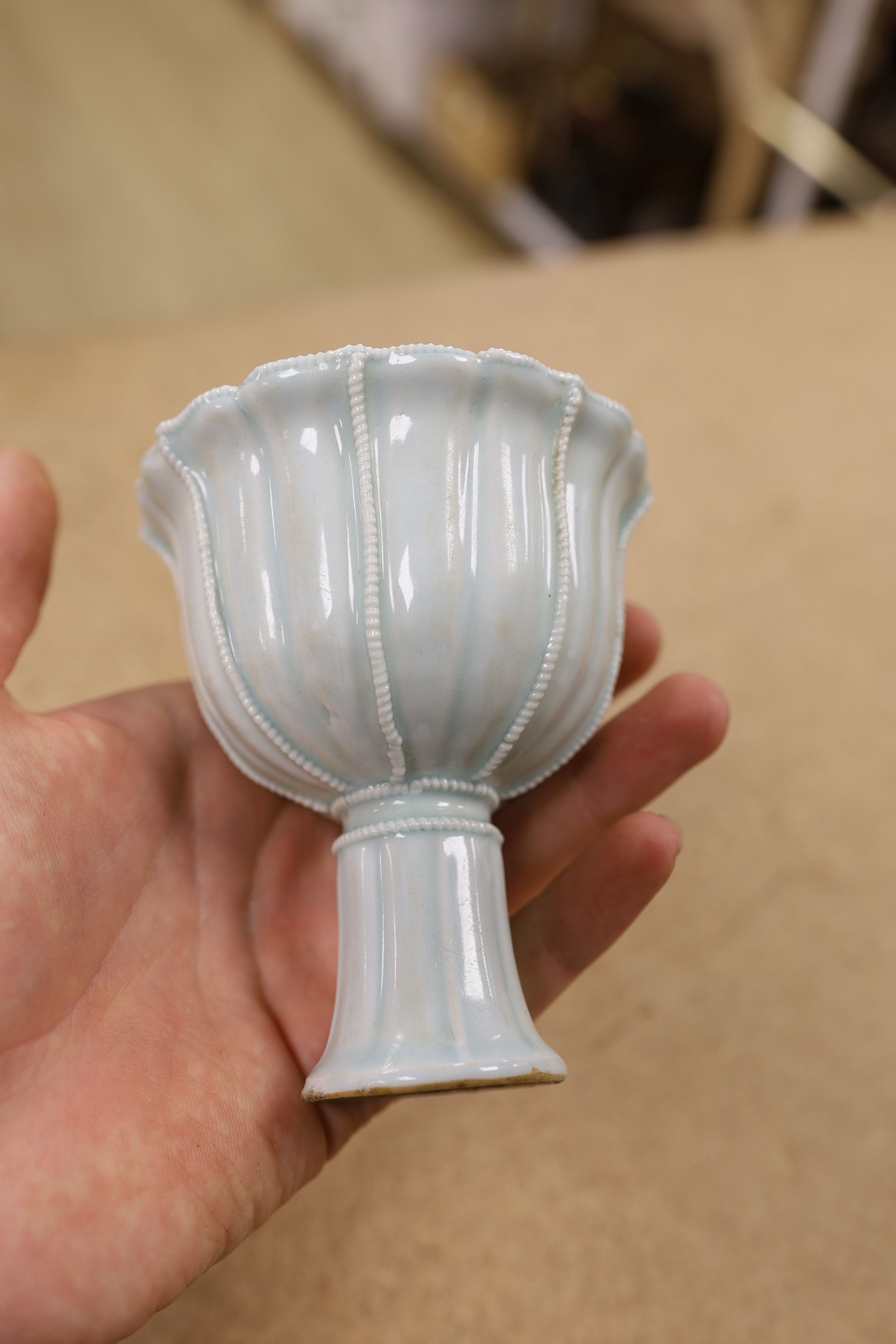 A Chinese Qingbai type stem cup., 10 cms high.